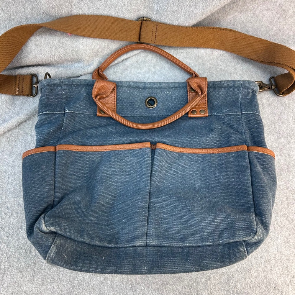 Levenger Blue Canvas Tote Bag Leather Trim Crossbody Large
